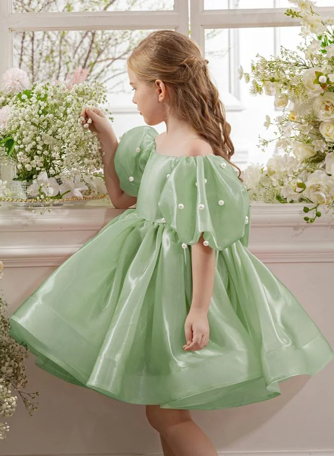 Take Two  Girls Green Pearl Puff Faux Pearl Embellished Dress for Women | Best Price UAE